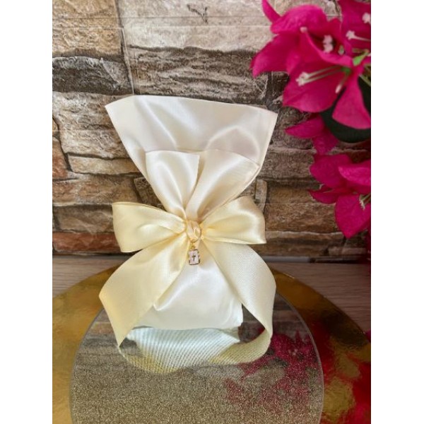 Favors pouch White Ivory satin 24K gold plated cross Unique guests wedding souvenirs Baptism greek bomboniere Elegant event