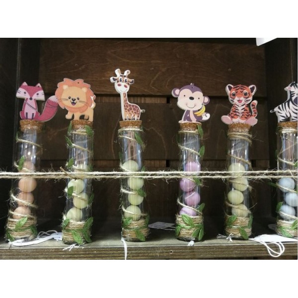 Favors Test tube Jungle animals Baby boy's baptism souvenirs Christening rustic chic event ideas 