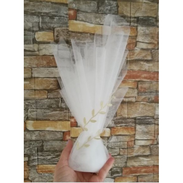 Favors tulle tall pouch Olive leaves trim Wedding bomboniere White bridal greek souvenirs with koufeta Color options