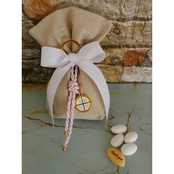 Favors keychain Byzantine cross with pouch Rustic style Baptism Wedding bomboniere Greek favors with koufeta