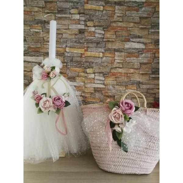 Complete set personalized Girl baptism Romantic flowers with monogram Wicker keepsake bag Candle Oil set Towel set Baby girl christening