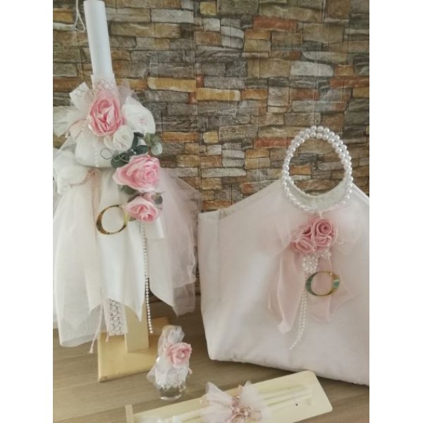 Complete set personalized Girl baptism Bouquet of roses with monogram Keepsake bag Candle Oil set Towel set Baby girl christening