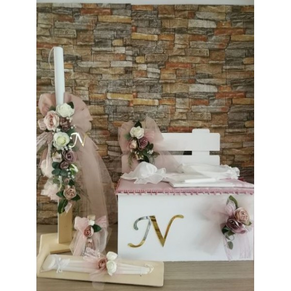 Complete set personalized Girl baptism Flower composition Keepsake box bench Candle Oil set Towel set Baby girl christening